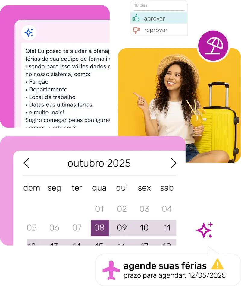 Tela da Pontotel com solicitação de férias e calendário, e foto de colaboradora aprovada para descanso