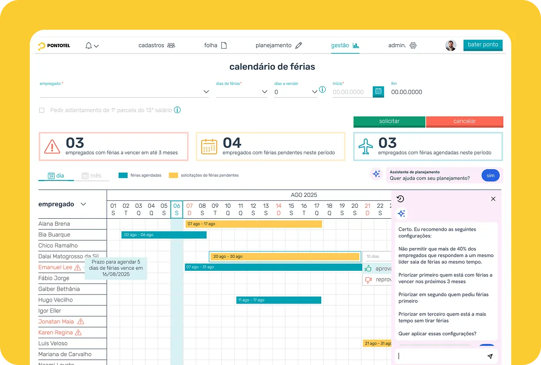 Dashboard de calendário de férias da Pontotel com colaboradores e datas planejadas