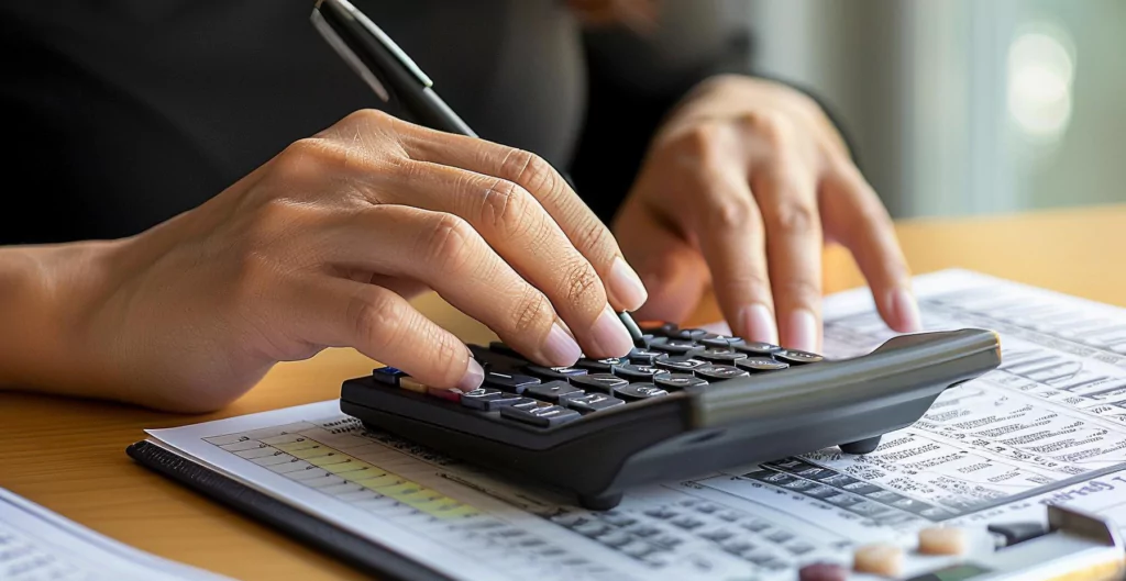 Mãos usando calculadora e caneta em planilha, representando planejamento financeiro para saber quais são as datas de pagamento do décimo terceiro.