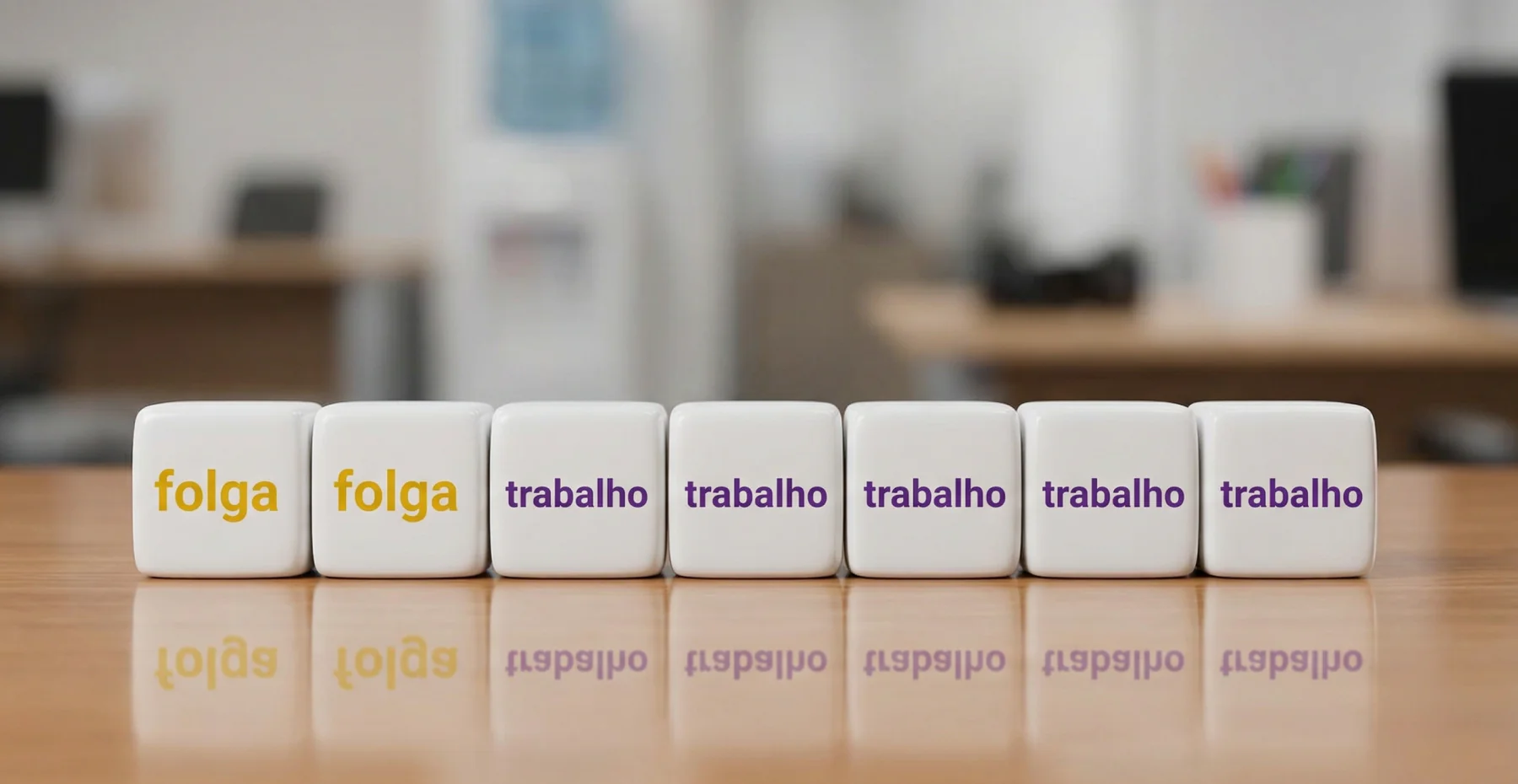 Sete dados brancos alinhados sobre uma mesa de madeira; dois dados amarelos à esquerda exibem a palavra "folga" e cinco dados roxos à direita exibem a palavra "trabalho", ilustrando a escala 5x2.