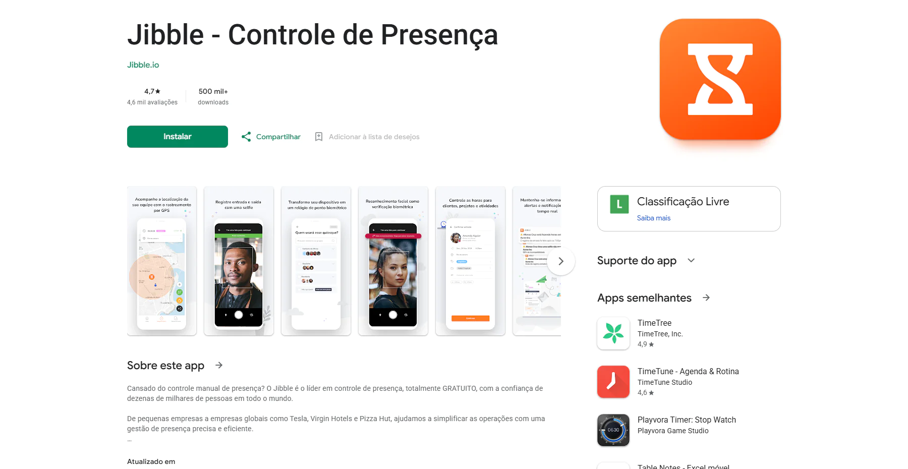 Tela do app Jibble Controle de Presença na Google Play Store