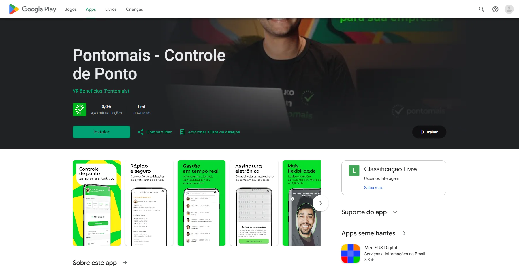 Tela do app Pontomais Controle de Ponto na Google Play Store