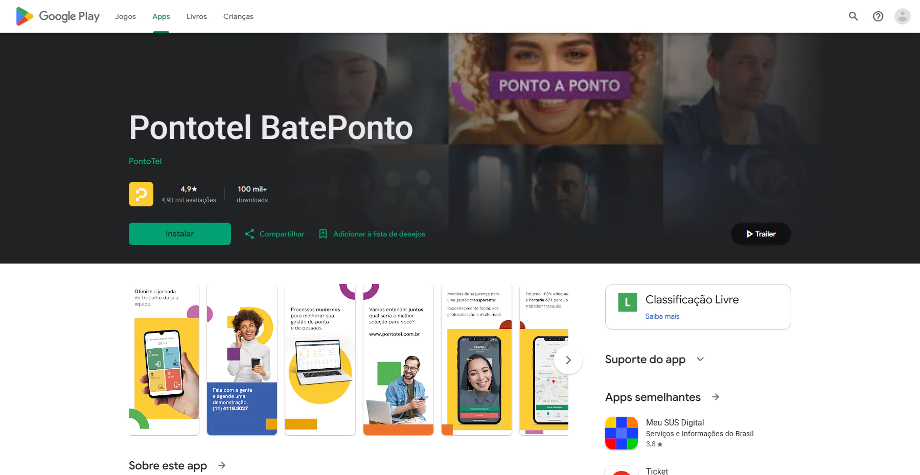 Tela do app Pontotel BatePonto na Google Play Store